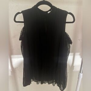Ro & De Black Pleated Ruffled Mandarin Collar Blouse